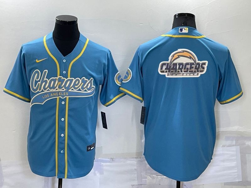 Men’s Los Angeles Chargers Light Blue Team Big Logo With Patch Cool Base Stitched Baseball Jersey