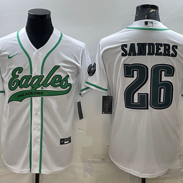 Men’s Philadelphia Eagles #26 Miles Sanders White With Patch Cool Base Stitched Baseball Jersey