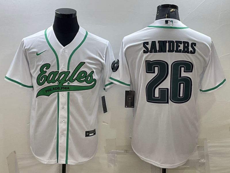 Men’s Philadelphia Eagles #26 Miles Sanders White With Patch Cool Base Stitched Baseball Jersey