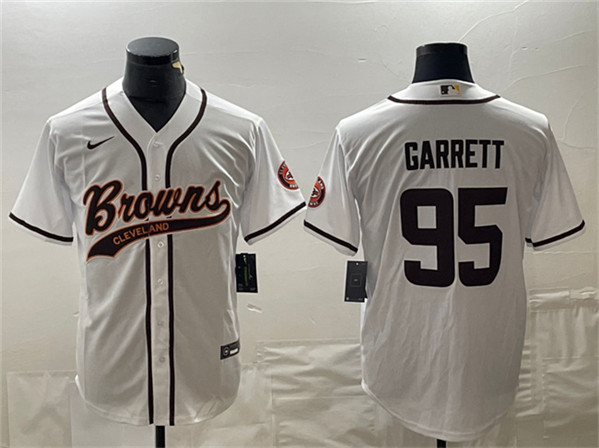 Men’s Cleveland Browns #95 Myles Garrett White With Patch Cool Base Stitched Baseball Jersey