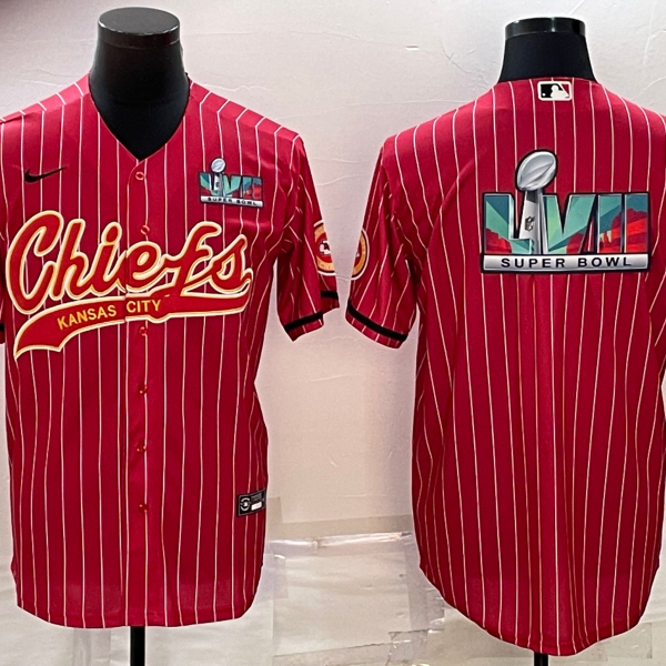 Men’s Kansas City Chiefs Red With Super Bowl LVII Big Logo Cool Base Stitched Baseball Jersey