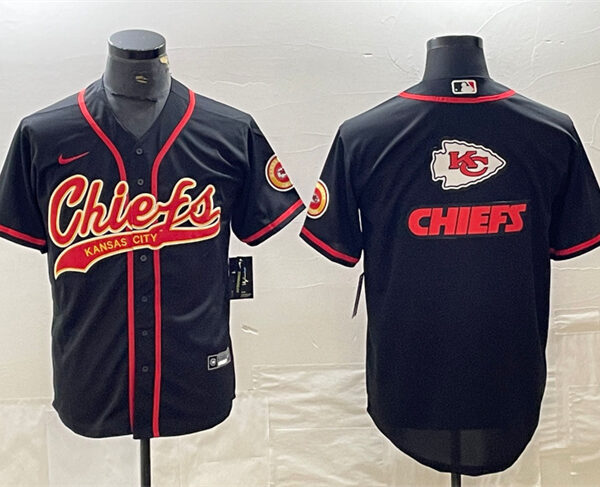Men’s Kansas City Chiefs Black Team Big Logo With Patch Cool Base Stitched Baseball Jersey