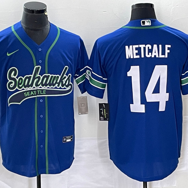 Men’s Seattle Seahawks #14 DK Metcalf Blue With Patch Cool Base Stitched Baseball Jersey