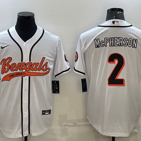 Men’s Cincinnati Bengals #2 Evan McPherson White With Patch Cool Base Stitched Baseball Jersey