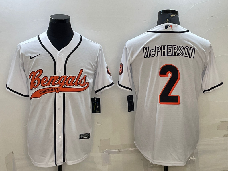 Men’s Cincinnati Bengals #2 Evan McPherson White With Patch Cool Base Stitched Baseball Jersey