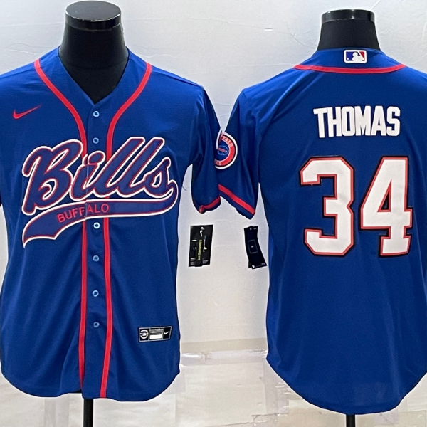 Men’s Buffalo Bills #34 Thurman Thomas Blue With Patch Cool Base Stitched Baseball Jersey
