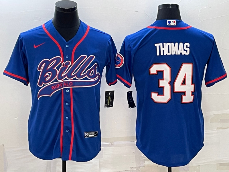 Men’s Buffalo Bills #34 Thurman Thomas Blue With Patch Cool Base Stitched Baseball Jersey