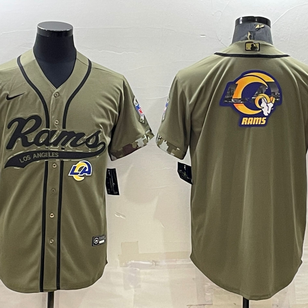 Men’s Los Angeles Rams Olive Salute to Service Team Big Logo Cool Base Stitched Baseball Jersey