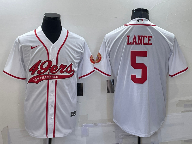 Men’s San Francisco 49ers #5 Trey Lance White Stitched Cool Base Nike Baseball Jersey