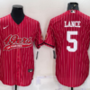 Men’s San Francisco 49ers #5 Trey Lance Red Pinstripe With Patch Cool Base Stitched Baseball Jersey
