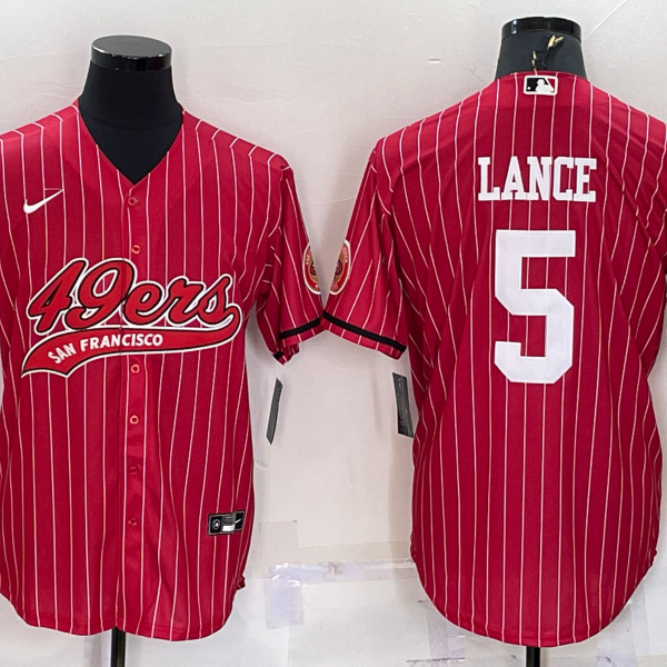 Men’s San Francisco 49ers #5 Trey Lance Red Pinstripe With Patch Cool Base Stitched Baseball Jersey