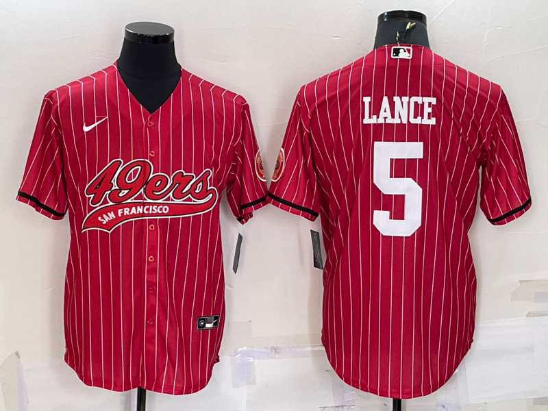 Men’s San Francisco 49ers #5 Trey Lance Red Pinstripe With Patch Cool Base Stitched Baseball Jersey