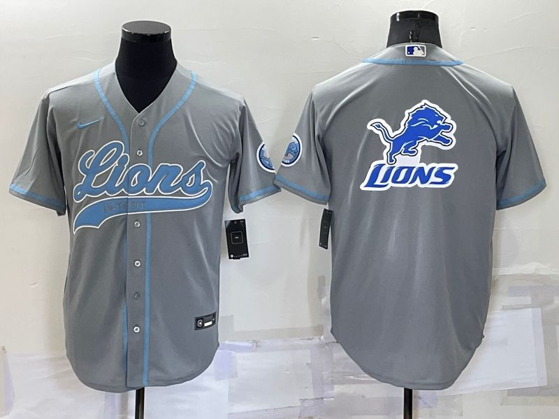 Men’s Detroit Lions Grey Team Big Logo With Patch Cool Base Stitched Baseball Jersey