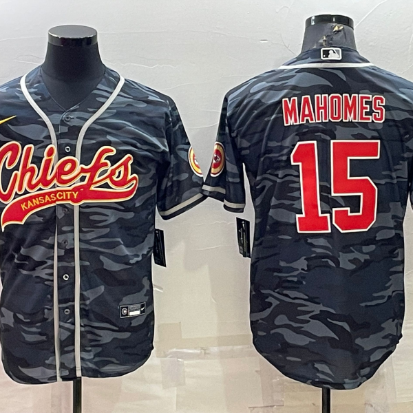 Men’s Kansas City Chiefs Blank #15 Patrick Mahomes Grey Navy Camo With Patch Cool Base Stitched Baseball Jersey