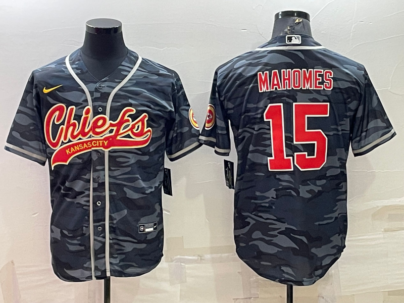 Men’s Kansas City Chiefs Blank #15 Patrick Mahomes Grey Navy Camo With Patch Cool Base Stitched Baseball Jersey