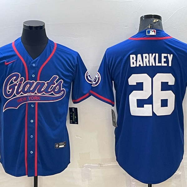 Men’s New York Giants #26 Saquon Barkley Blue With Patch Cool Base Stitched Baseball Jersey