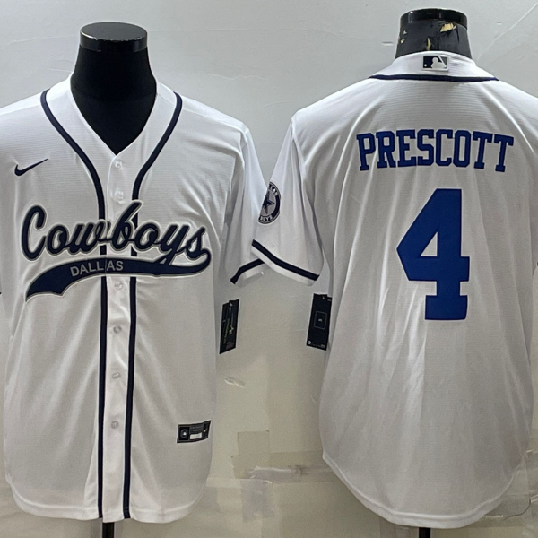 Men’s Dallas Cowboys #4 Dak Prescott White With Patch Cool Base Stitched Baseball Jersey