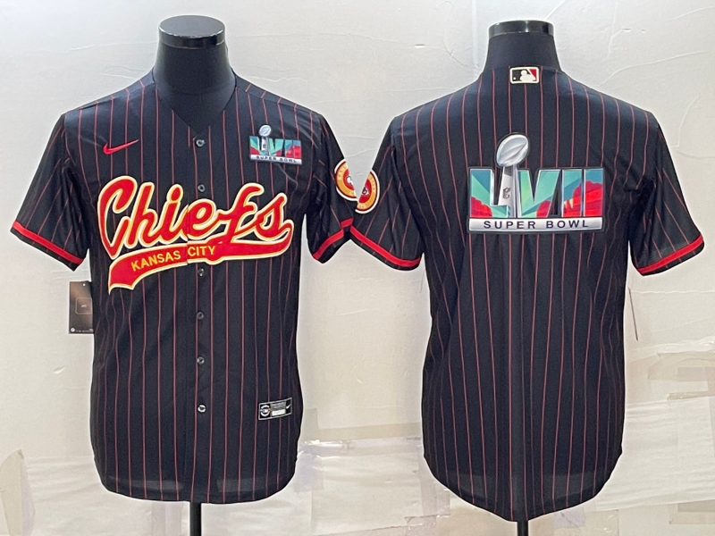 Men’s Kansas City Chiefs Black With Super Bowl LVII Big Logo Cool Base Stitched Baseball Jerseys