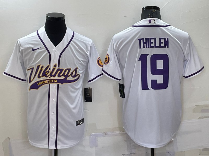 Men’s Minnesota Vikings #19 Adam Thielen White With Patch Cool Base Stitched Baseball Jersey
