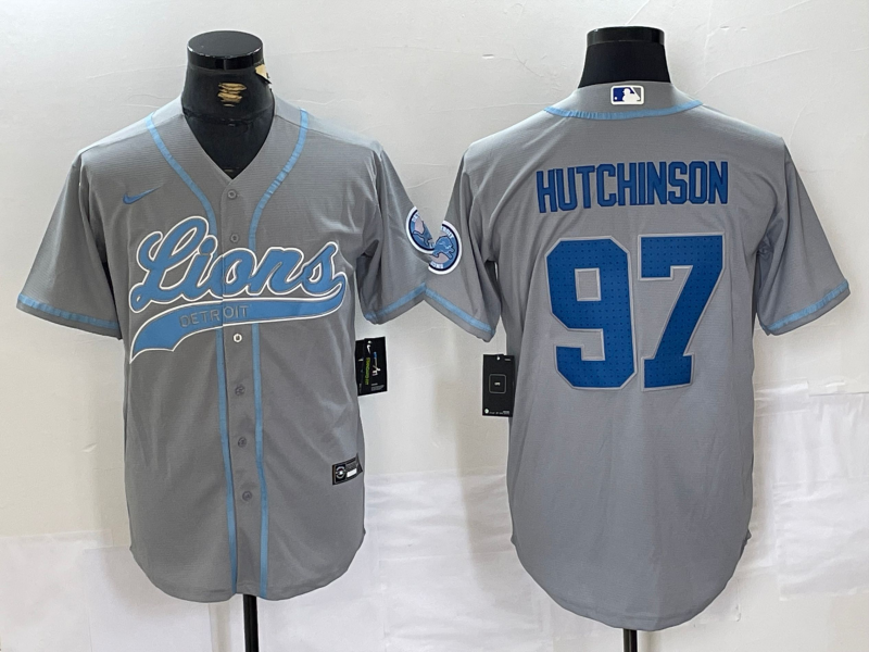Men’s Detroit Lions #97 Aidan Hutchinson Grey With Patch Cool Base Stitched Baseball Jersey