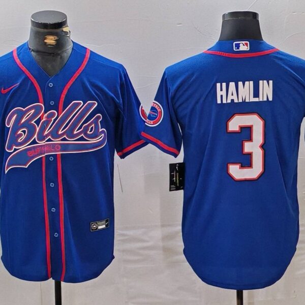 Men’s Buffalo Bills #3 Damar Hamlin Blue With Patch Cool Base Stitched Baseball Jersey