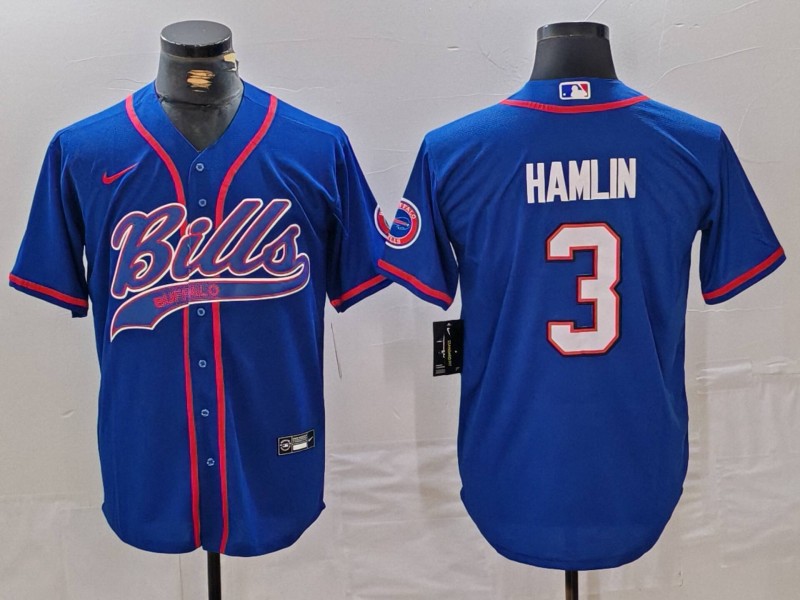 Men’s Buffalo Bills #3 Damar Hamlin Blue With Patch Cool Base Stitched Baseball Jersey