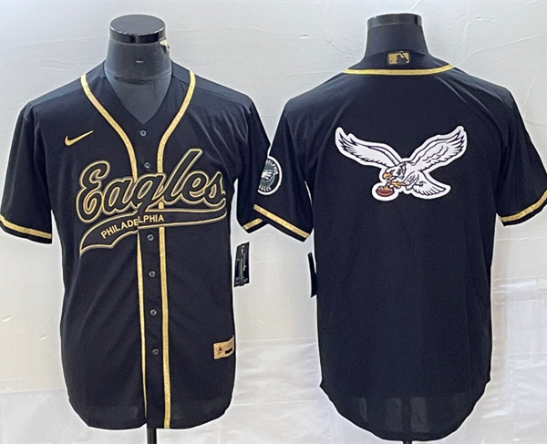 Men’s Philadelphia Eagles Black Gold Team Big Logo Cool Base Stitched Baseball Jersey