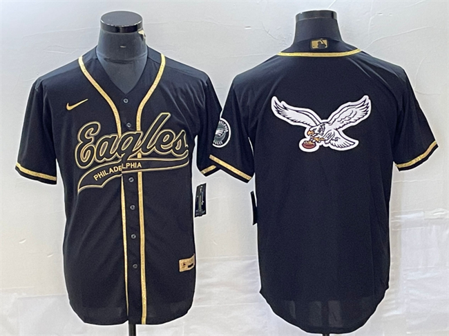 Men’s Philadelphia Eagles Black Gold Team Big Logo Cool Base Stitched Baseball Jersey