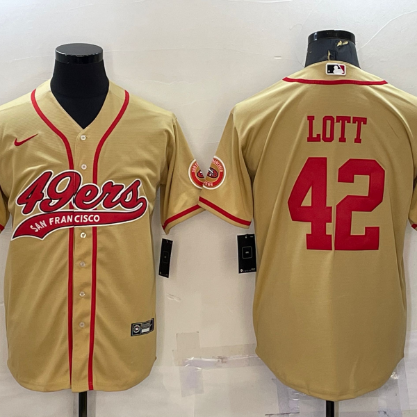 Men’s San Francisco 49ers #42 Ronnie Lott Gold With Patch Cool Base Stitched Baseball Jersey