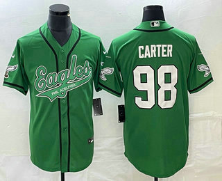 Men’s Philadelphia Eagles #98 Jalen Carter Green Cool Base Stitched Baseball Jersey