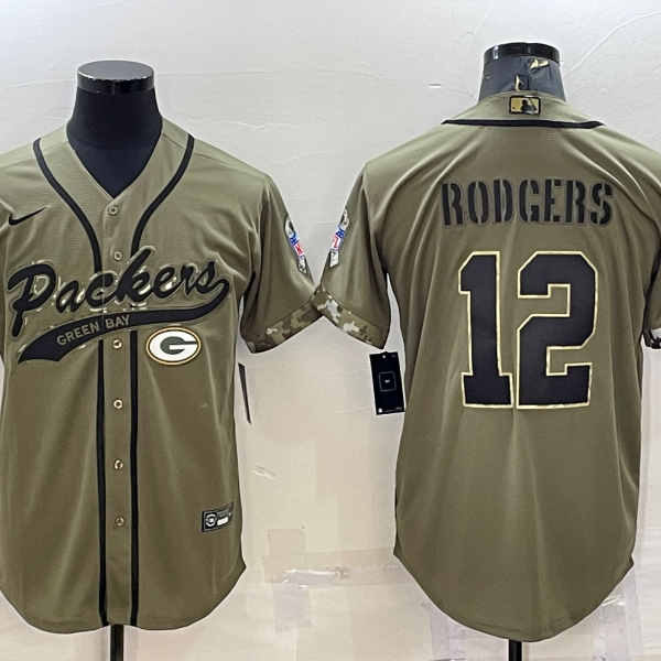 Men’s Green Bay Packers #12 Aaron Rodgers Olive 2022 Salute to Service Cool Base Stitched Baseball Jersey