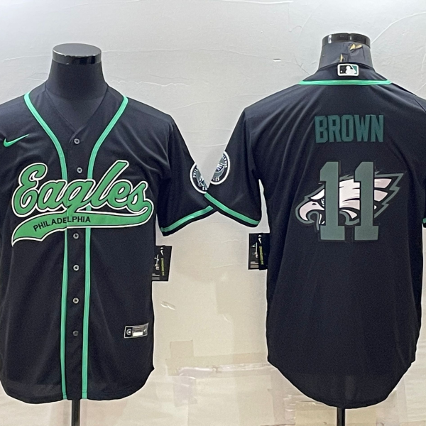Men’s Philadelphia Eagles #11 AJ Brown Black Team Big Logo With Patch Cool Base Stitched Baseball Jersey