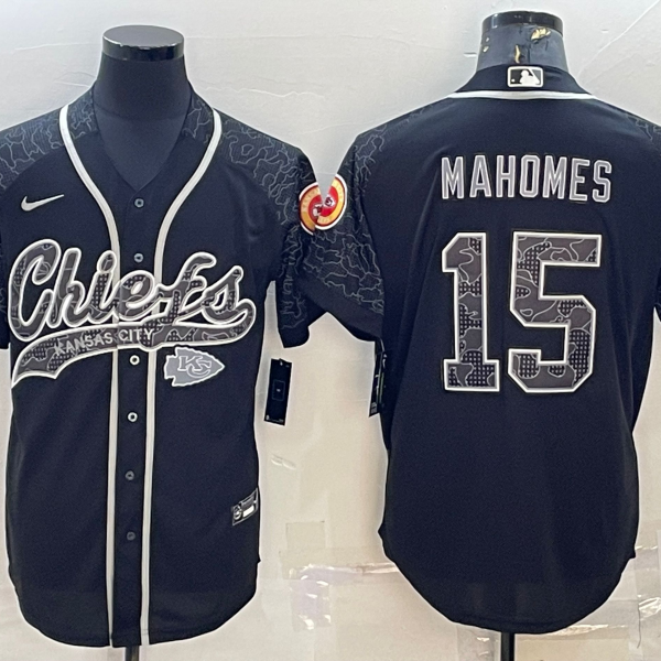 Men’s Kansas City Chiefs #15 Patrick Mahomes Black Reflective With Patch Cool Base Stitched Baseball Jersey