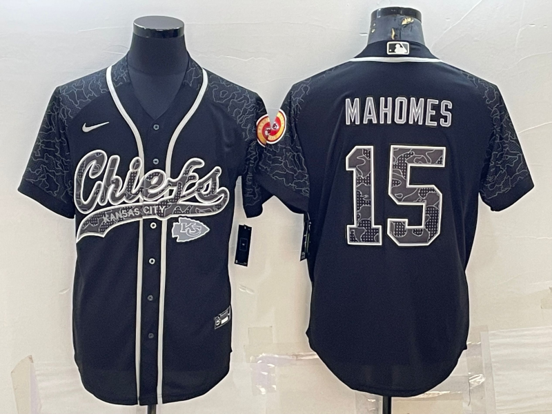 Men’s Kansas City Chiefs #15 Patrick Mahomes Black Reflective With Patch Cool Base Stitched Baseball Jersey