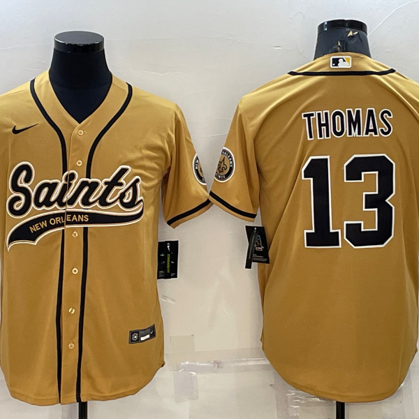 Men’s New Orleans Saints #13 Michael Thomas Gold With Patch Cool Base Stitched Baseball Jersey