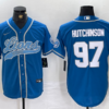 Men’s Detroit Lions #97 Aidan Hutchinson Blue With Patch Cool Base Stitched Baseball Jersey