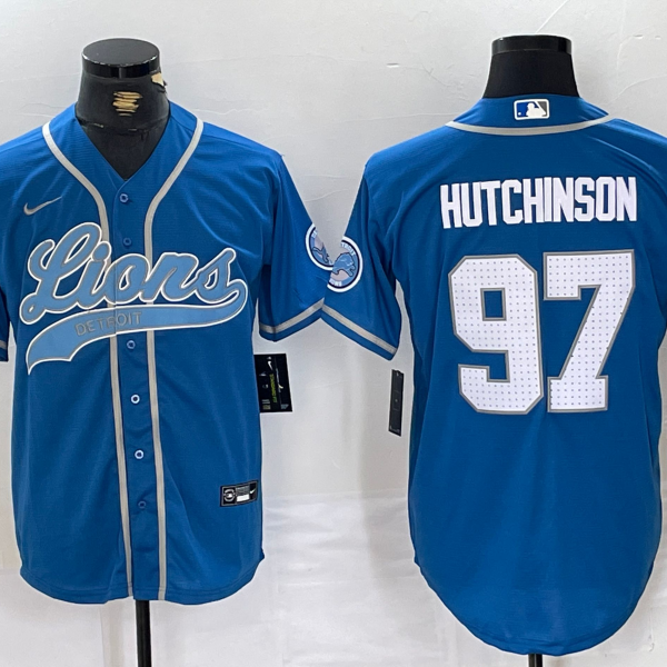Men’s Detroit Lions #97 Aidan Hutchinson Blue With Patch Cool Base Stitched Baseball Jersey