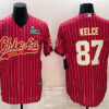 Men’s Kansas City Chiefs #87 Travis Kelce Red With Super Bowl LVII Patch Cool Base Stitched Baseball Jersey