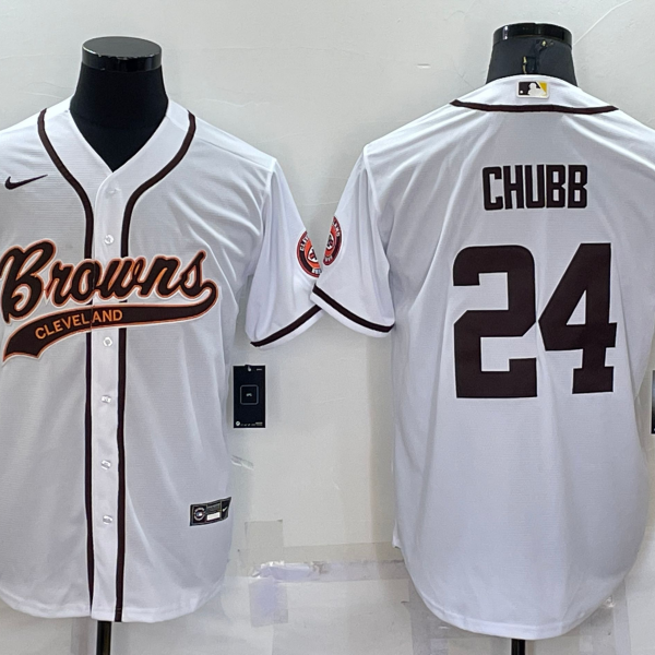 Men’s Cleveland Browns #24 Nick Chubb White Stitched Cool Base Nike Baseball Jersey