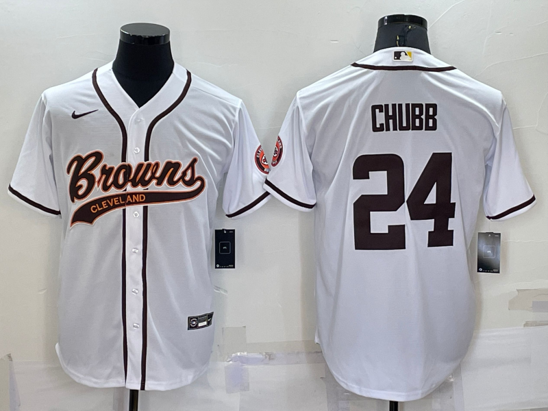 Men’s Cleveland Browns #24 Nick Chubb White Stitched Cool Base Nike Baseball Jersey