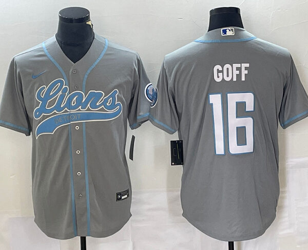 Men’s Detroit Lions #16 Jared Goff Gray Cool Base Stitched Baseball Jersey