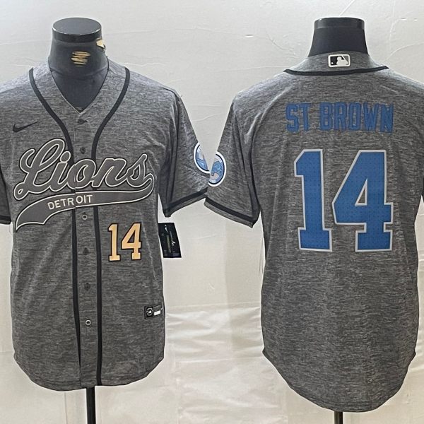 Men’s Detroit Lions #14 Amon-Ra St. Brown Number Gray Cool Base Stitched Baseball Jersey