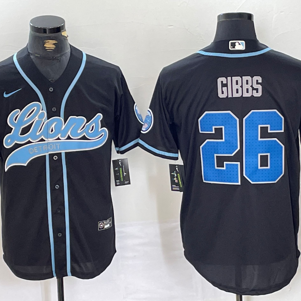 Men’s Detroit Lions #26 Jahmyr Gibbs Black With Patch Cool Base Stitched Baseball Jersey