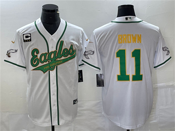 Men’s Philadelphia Eagles #11 A. J. Brown White Gold With C Patch Cool Base Baseball Stitched Jersey