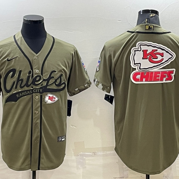 Men’s Kansas City Chiefs Olive Salute to Service Team Big Logo Cool Base Stitched Baseball Jersey