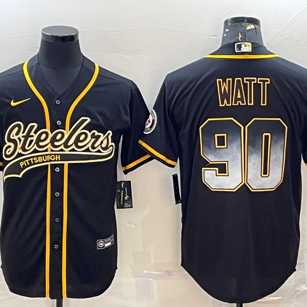 Men’s Pittsburgh Steelers #90 TJ Watt Black Gold With Patch Smoke Cool Base Stitched Baseball Jersey