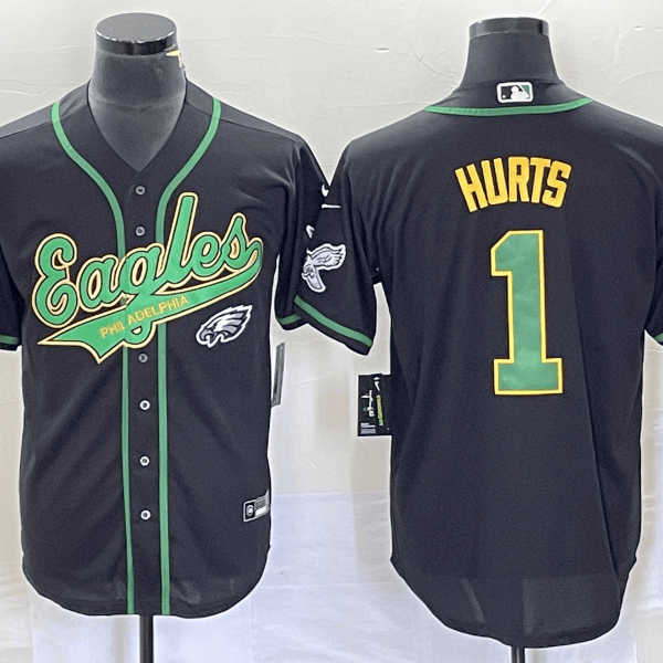 Men’s Philadelphia Eagles #1 Jalen Hurts Black Cool Base Stitched Baseball Jersey