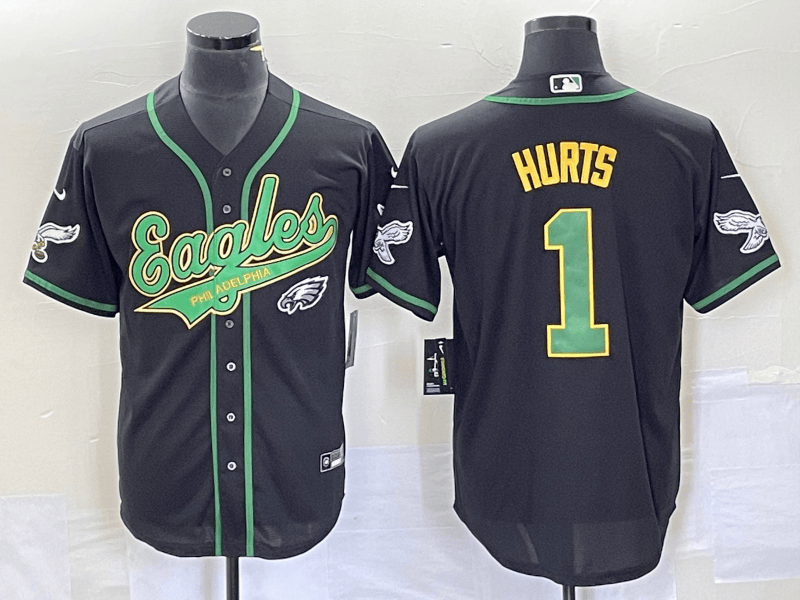 Men’s Philadelphia Eagles #1 Jalen Hurts Black Cool Base Stitched Baseball Jersey