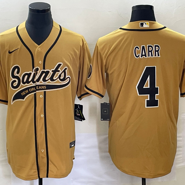 Men’s New Orleans Saints #4 Derek Carr Gold With Patch Cool Base Stitched Baseball Jersey