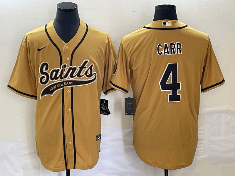 Men’s New Orleans Saints #4 Derek Carr Gold With Patch Cool Base Stitched Baseball Jersey